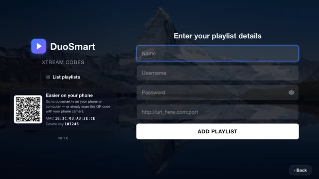 Adding an Xtream Codes playlist, with a QR code to do it on your phone