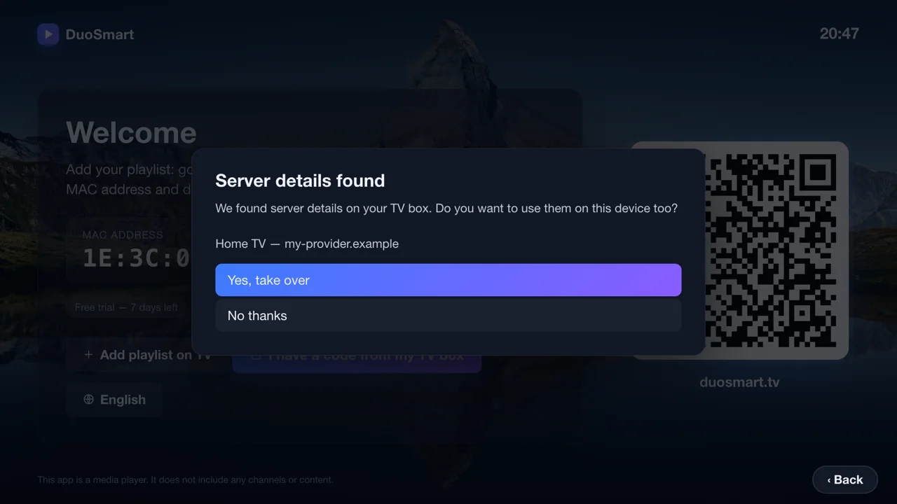 Screen 2: the app says Server details found. Take over? With the buttons Yes, take over and No thanks.