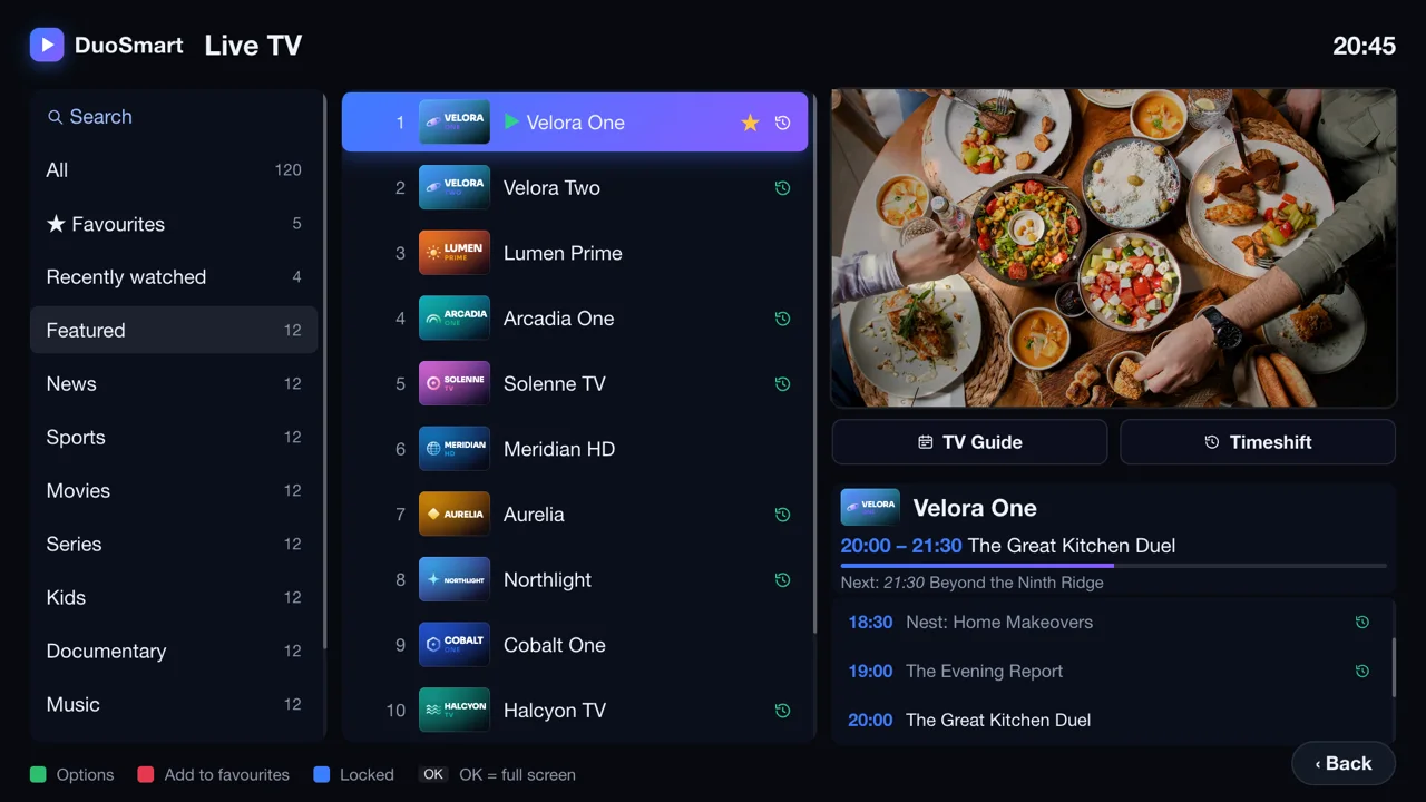 Screen 1: the living-room TV with the Duo Smart Box, playing live TV