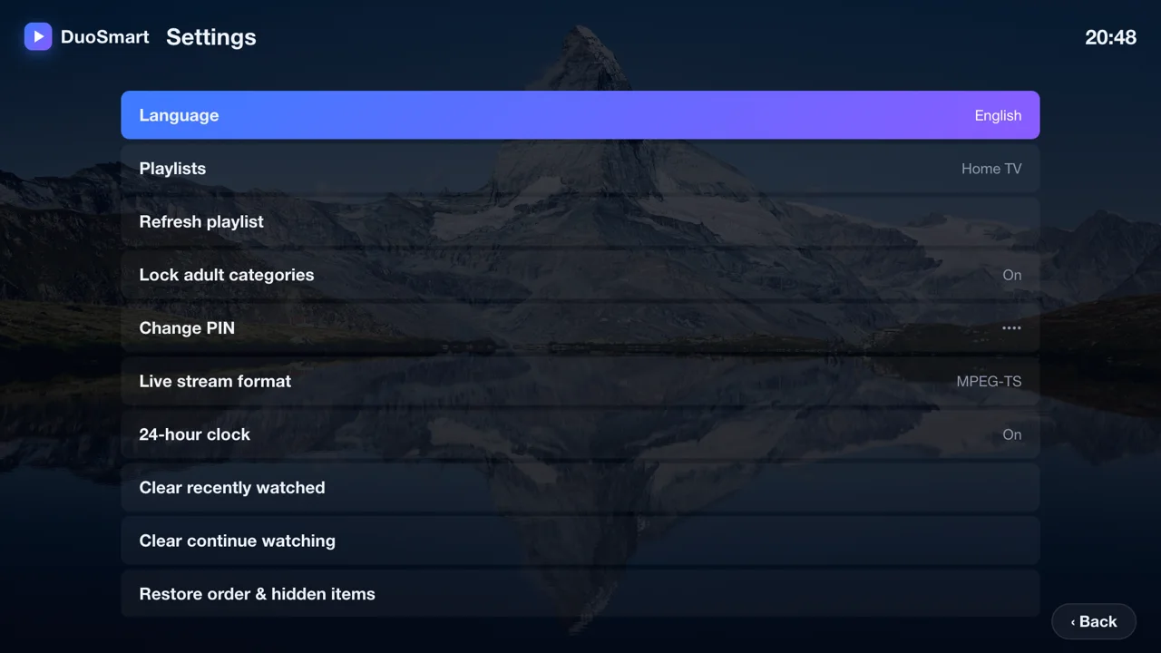 Settings with parental lock and PIN