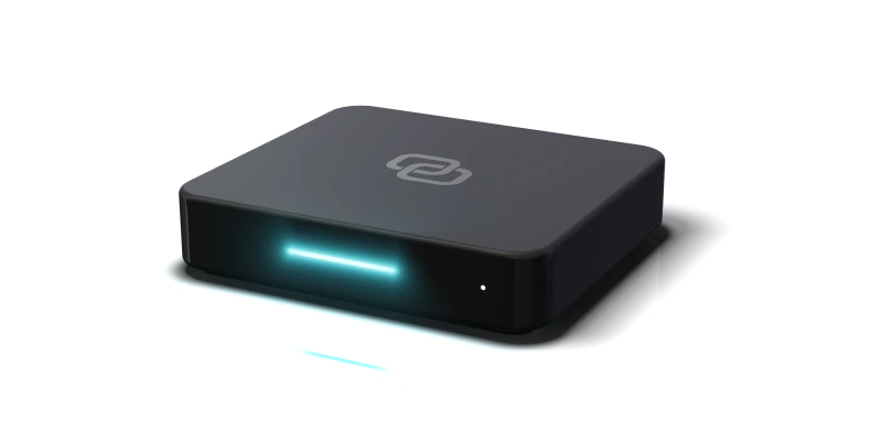 Duo Smart Box Pro: a matte black box with a thin cyan light strip