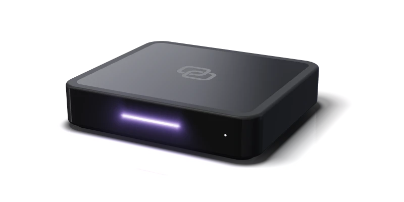 Duo Smart Box Ultra: a slightly larger black box with a glossy top and a violet light strip